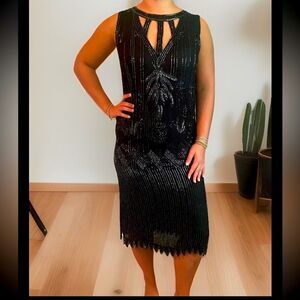 VTG 20s 100% Silk Art Deco Flapper Dress Black Iridescent Beaded Gatsby Dress M